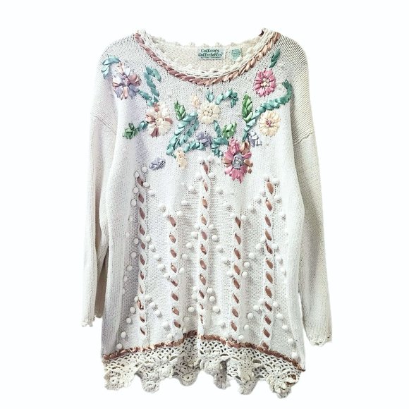 80s 90s Vintage Knit Sweater Oversized Size M/L Ribbon Embroidered Weave Pom Pom - Picture 1 of 5